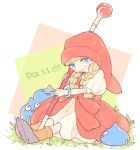  1girl blonde_hair blue_eyes bow bracelet closed_mouth copyright_name dragon_quest dragon_quest_xi dress full_body grass hat holding holding_staff jewelry katiko long_hair no_nose puffy_short_sleeves puffy_sleeves red_bow red_headwear short_sleeves sitting slime_(creature) slime_(dragon_quest) smile staff twintails twitter_username veronica_(dq11) waist_bow white_dress 