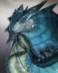 2021 ambiguous_gender black_horn blue_body blue_eyes blue_scales dated depth_of_field detailed_background ear_frill feral frill_(anatomy) glistening glistening_eyes green_body green_scales head_spikes hi_res horn khyaber long_neck mouth_closed scales scalie sharp_teeth signature simple_background solo spikes spikes_(anatomy) teeth 