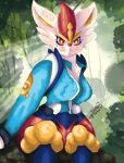  anthro bottomwear brancito cinderace clothing female fur generation_8_pokemon hi_res lagomorph landscape leporid mammal nintendo pants plant pokemon pokemon_(species) pokemon_unite rabbit red_bottomwear red_clothing red_eyes red_pants smile solo tree video_games white_body white_fur 