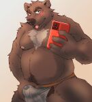 2022 anthro belly bodily_fluids brown_body bulge clothing genital_fluids humanoid_hands jockstrap kemono male mammal moobs nipples overweight overweight_male poisonkinoko precum simple_background solo tongue tongue_out underwear ursid 