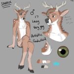  anthro antlers blue_hair brown_body brown_fur cervid fur hair horn humanoid low_res male mammal model_sheet saerix saerixdurr solo spots thumbnail white_body white_fur 