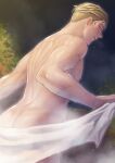  1boy ass back blonde_hair blurry blurry_background blush highres large_pectorals looking_back male_focus misaka_niumu muscular muscular_male naked_towel night night_sky nipples nude onsen original outdoors pectorals purple_eyes short_hair sky smile solo steam towel wet 