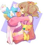  1girl anise_tatlin apple brown_hair detached_sleeves food fruit full_body hair_ribbon holding holding_food holding_fruit katiko legs_together long_hair long_sleeves medium_hair mieu_(tales) pink_sleeves ribbon stuffed_animal stuffed_cat stuffed_toy tales_of_(series) tales_of_the_abyss thighhighs tokunaga_(tales) twintails twitter_username white_thighhighs yellow_eyes yellow_ribbon 