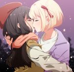  2girls absurdres beret black_hair blonde_hair blurry blurry_background brown_sweater closed_eyes clothes_writing collarbone commentary_request commission face-to-face facing_another fingernails french_kiss from_side hair_ribbon hand_on_another&#039;s_head hand_up hat heart heart_print highres inoue_takina jacket kiss layered_sleeves long_hair long_sleeves lycoris_recoil multiple_girls night nishikigi_chisato one_side_up open_clothes open_jacket open_mouth outdoors precision print_shirt profile purple_jacket red_headwear red_ribbon red_scarf ribbon saliva scarf shirt short-sleeved_sweater short_hair short_over_long_sleeves short_sleeves skeb_commission snowing sweater teeth tongue tongue_out tree upper_body upper_teeth white_shirt yuri 