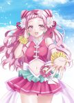  1girl back_bow blue_sky bow breasts cloud cloudy_sky clover_earrings cone_hair_bun cowboy_shot cure_yell day flower hair_bun hair_flower hair_ornament heart heart_hair_ornament heart_pouch highres hugtto!_precure long_hair looking_at_viewer navel nono_hana okayashi open_mouth outdoors pink_eyes pink_hair pink_shirt pink_skirt precure scrunchie see-through see-through_sleeves shirt short_sleeves skirt sky small_breasts smile solo thick_eyelashes 