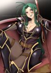  1girl armor bangs black_armor black_gloves blood blood_on_face boots breast_tattoo breasts cleavage earrings fire_emblem fire_emblem:_path_of_radiance full_body gloves green_hair highres holding holding_polearm holding_weapon jewelry large_breasts lipstick long_hair looking_at_viewer makeup open_mouth petrine_(fire_emblem) plunging_neckline polearm purple_eyes sitting solo spear tattoo vialnite weapon 