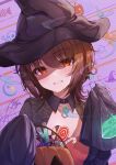  1girl agnes_tachyon_(umamusume) alternate_costume bangs black_headwear black_shirt blush breasts brown_hair candy cleavage_cutout clothing_cutout commentary_request erlenmeyer_flask flask food halloween_bucket hands_up hat holding holding_flask ichijo_kazuya jewelry lollipop looking_at_viewer medium_hair necklace open_mouth orange_hair shaded_face shirt signature sleeves_past_fingers sleeves_past_wrists small_breasts smile smoke solo teeth test_tube umamusume upper_body witch_hat 