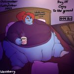  anthro bed beverage big_breasts blue_body blue_scales breasts coffee dialogue eye_patch eyewear female fish furniture hair hi_res marine morbidly_obese morbidly_obese_female mug number obese obese_female overweight overweight_female ponytail red_eyes red_hair scales signature solo text undertale_(series) undyne weight_gain wenisberry 