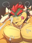  2022 absurd_res anthro blush blush_lines bodily_fluids bowser collar collar_only cum cum_on_chest cum_on_face cum_on_horn cumshot digital_media_(artwork) ejaculation eyebrows genital_fluids gradient_background hair hi_res horn koopa licking licking_lips male mario_bros muscular muscular_anthro muscular_male nintendo nude pecs red_eyebrows red_hair scalie shell simple_background solo spiked_collar spiked_shell spikes spikes_(anatomy) thick_eyebrows tongue tongue_out video_games wajirogi 