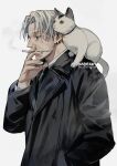  1boy animal_on_shoulder artist_name bell black_coat black_necktie cat cat_on_shoulder chainsaw_man cigarette coat collar collared_shirt earrings empty_eyes grey_hair holding holding_cigarette jewelry kadeart kishibe_(chainsaw_man) long_coat looking_to_the_side male_focus meowy_(chainsaw_man) neck_bell necktie scar scar_on_cheek scar_on_face shirt short_hair simple_background smoke smoking solo_focus stitched_face stitched_mouth stitches white_background white_cat white_shirt yellow_eyes 