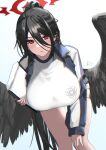 1girl bent_over black_hair black_wings blue_archive blush breasts feathered_wings gym_uniform hair_between_eyes halo hasumi_(blue_archive) hasumi_(gym_uniform)_(blue_archive) highres huge_breasts jacket large_wings long_hair looking_at_viewer mole mole_under_eye official_alternate_costume oregano_(olgn_eao) partially_unzipped ponytail red_eyes shirt shorts signature solo track_jacket white_shirt wings 