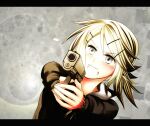  1girl aiming black_shirt blonde_hair blush clenched_teeth firing glock grey_background grey_eyes gun hair_ornament hairpin handgun highres jacket kagamine_rin long_sleeves madoromi multiple_hairpins open_mouth shirt short_hair tears teeth vocaloid weapon 