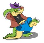  2022 3_toes alligator alligatorid alpha_channel anthro biped bottomwear brok_(character) brok_the_investigator clothing crocodilian feet green_body hat headgear headwear jolly_the_lizard jollyville pants reptile scalie shirt simple_background solo toes topwear transparent_background video_games 