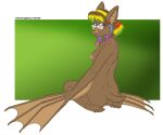  2022 anthro blue_eyes border breasts brown_body brown_fur chest_tuft chiropteran claws eyewear female fur glasses gradient_background green_background hair introducingemy_(character) kneeling looking_at_viewer looking_back mammal membrane_(anatomy) multicolored_hair nipples nude rear_view scut_tail short_tail simple_background solo style_wager toe_claws tuft white_border winged_arms wings 