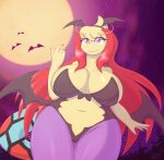  2022 4_fingers absurd_res ambient_bat anthro beckoning big_breasts breasts capcom chiropteran clothed clothing darkstalkers digital_media_(artwork) fangs female fingers full_moon generation_3_pokemon gesture hi_res huge_breasts mammal mila_(snackbunnii) milotic moon morrigan_aensland navel night nintendo pink_eyes pokemon pokemon_(species) smile snackbunnii solo thick_thighs video_games 