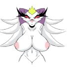  anthro aptom7747 avian avian_demon beak big_breasts bird breasts claws crown demon feathers female fur helluva_boss hi_res huge_breasts looking_at_viewer mature_female nipples non-mammal_breasts simple_background solo stella_(helluva_boss) white_body white_feathers 