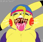  absurd_res anthro big_breasts breasts cleavage clothed clothing electricity fangs female generation_1_pokemon hair hat headgear headwear hi_res jacket mammal nintendo open_mouth pikachu pokemon pokemon_(species) rodent seductive solo supermoonshroom text tongue tongue_out topwear video_games watermark yellow_body 