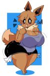  anthro big_breasts big_butt bottomwear breasts brown_body butt clothing dipstick_tail eevee english_text female generation_1_pokemon hi_res huge_breasts huge_butt lewd_dorky looking_at_viewer markings nintendo open_mouth pokemon pokemon_(species) shirt shorts slightly_chubby solo tail_markings text thick_thighs topwear video_games white_eyes wide_hips 