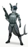  2022 5_fingers absurd_res anthro blue_eyes clothing digitigrade fingers fish gun hi_res hybrid male mammal marine pgm300 plantigrade ranged_weapon shark signature simple_background solo weapon white_background 