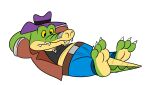 2021 3_toes alligator alligatorid animated anthro biped bottomwear brok_(character) brok_the_investigator clothing crocodilian feet green_body hat headgear headwear hi_res jolly_the_lizard jollyville lying pants reptile scalie shirt simple_background slightly_chubby solo toes topwear video_games 