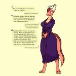  2020 absurd_res anthro breasts cel_shading clothed clothing dialogue digital_drawing_(artwork) digital_media_(artwork) digitigrade dragon english_text female fur hi_res horn keinga multicolored_body narrowed_eyes orange_body purple_clothing rumuu_magnalac scalie sequence shaded signature simple_background solo standing tan_body text two_tone_body 