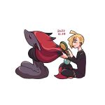  1boy ahoge bangs black_pants black_shirt blonde_hair blush brushing_hair closed_eyes commentary_request daifuku_(pokefuka_art) dated ear_piercing from_side gladion_(pokemon) holding holding_brush male_focus pants piercing pokemon pokemon_(creature) pokemon_(game) pokemon_sm shirt short_hair simple_background sitting smile torn_clothes torn_pants torn_shirt white_background zoroark 