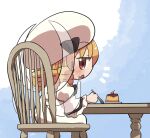  1girl blonde_hair blush chair dress fairy fairy_wings food hair_between_eyes hat holding holding_spoon long_sleeves luna_child open_mouth pudding red_eyes rokugou_daisuke short_hair signature sitting solo spoon touhou white_dress white_headwear wide_sleeves wings 