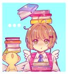  1girl backpack bag blue_background book book_stack brown_hair cardcaptor_sakura closed_mouth corokuro female_child green_eyes kero kinomoto_sakura necktie open_mouth pink_bag shirt white_shirt wings 