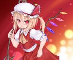  ascot blonde_hair blush bottomwear child clothed clothing female flandre_scarlet frilly frilly_clothing front_view fuketsudan fully_clothed gem gradient_background hair hat hat_ribbon headgear headwear hi_res holding_object holding_weapon humanoid lens_flare light_body light_skin looking_at_viewer mob_cap open_mouth open_smile portrait puffy_sleeves pupils red_bottomwear red_clothing red_eyes red_skirt red_topwear red_vest shirt short_hair simple_background skirt slit_pupils smile snaggle_tooth solo standing three-quarter_portrait topwear touhou vampire vest video_games weapon white_clothing white_shirt white_topwear winged_humanoid wings young 