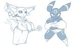  2022 3_fingers 3_toes absurd_res anthro arms_bent barefoot belt_pouch big_breasts big_ears black_body blush bottomwear breast_squish breasts cheek_tuft clothed clothing dagger dress dual_wielding duo ear_piercing ear_ring eeveelution espeon facial_tuft feet female fingers footwear forehead_gem forked_tail fully_clothed generation_2_pokemon hi_res holding_object holding_weapon hotpants huge_breasts hyper hyper_breasts looking_at_viewer magic magic_user markings melee_weapon monochrome nintendo nipple_outline obikuragetyan open_mouth piercing pokemon pokemon_(species) ring_(marking) ring_piercing shorts simple_background sketch squish staff toes topwear tuft umbreon unusual_anatomy unusual_tail video_games weapon white_background 