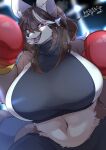  anthro big_breasts black_nose bottomwear boxing_gloves breasts brown_body brown_fur brown_hair brown_tail canid canine canis cheek_tuft clothed clothing crop_top curvy_figure cute_fangs facial_tuft female front_view fur hair half-length_portrait handwear hi_res huge_breasts inner_ear_fluff kemono lemoco long_hair looking_at_viewer mammal multicolored_body multicolored_fur multicolored_hair navel open_mouth portrait shirt simple_background smile snout solo thick_thighs topwear tuft two_tone_body two_tone_fur two_tone_hair voluptuous white_hair wide_hips wolf 