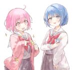  1girl blue_eyes blue_hair cardigan grey_serafuku grey_shirt grey_skirt highres kiritani_haruka miyamasuzaka_girls&#039;_academy_uniform neckerchief ootori_emu open_mouth pink_cardigan pink_eyes pink_hair pleated_skirt project_sekai red_neckerchief sailor_collar school_uniform serafuku shirt short_hair simple_background skirt sparkling_eyes sticker uminokaisen upper_body white_background white_cardigan white_sailor_collar 