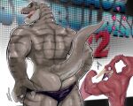  2022 abs anthro back_muscles biceps big_muscles bulge butt claws clothed clothing countershade_torso countershading dinosaur duo flexing green_body green_scales grey_body grey_scales hi_res jockstrap_down k0bit0wani male membrane_(anatomy) membranous_wings muscular muscular_anthro muscular_male nipples open_mouth pecs pterodactylus pterosaur red_body red_scales reptile scales scalie teeth theropod tongue tyrannosaurid tyrannosaurus tyrannosaurus_rex underwear wings 