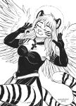  2022 5_fingers anthro armwear black_and_white breasts cleavage clothed clothing dress elbow_gloves eyes_closed feathered_wings feathers felid female fingers fur gloves hair halo handwear hi_res humanoid_hands mammal monochrome pantherine signature sketch smile snowsnow11 solo striped_body striped_fur stripes tiger wings 