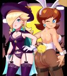  2girls animal_ears ass blonde_hair blue_cape blue_eyes breasts brown_hair cape cleavage fake_animal_ears halloween halloween_costume hat highres lingerie looking_at_viewer mario_(series) multiple_girls one_eye_closed panties peachfuzz_(peachy) playboy_bunny princess_daisy purple_panties rabbit_ears rosalina sarukaiwolf thighhighs underwear witch_hat 