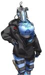  1girl black_hoodie bottomless breasts cable clothed_robot glowing hand_on_hip highres hood hood_down hoodie humanoid_robot kotone_a medium_breasts pilot_(titanfall_2) science_fiction sleeves_past_wrists solo stim_pilot_(titanfall_2) thigh_strap titanfall_(series) titanfall_2 white_background 