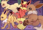  &lt;3 anus blush brown_body brown_eyes brown_fur brown_nose clitoris dinoalpaka eevee eeveelution female feral flareon fur generation_1_pokemon generation_4_pokemon genitals group jolteon leafeon lying nintendo on_back on_side pawpads paws pokemon pokemon_(species) purple_eyes pussy red_body red_fur smile video_games white_body white_fur yellow_body yellow_fur 