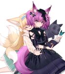  2girls animal_ears arknights black_dress black_headwear blonde_hair blue_hairband blue_skirt book bug butterfly butterfly_on_hand closed_eyes diamond-shaped_pupils diamond_(shape) dress flower fox_ears fox_girl fox_tail frilled_hairband frills hair_down hair_flower hair_ornament hairband hat highres holding holding_book hug hug_from_behind kitsune long_hair long_sleeves looking_at_viewer lxjun_09 medium_hair mini_hat morte_(arknights) multicolored_hair multiple_girls official_alternate_costume open_book open_mouth pink_eyes pink_hair pink_nails shamare_(arknights) shamare_(echo_of_the_horrorlair)_(arknights) shirt short_twintails simple_background skirt skull_hair_ornament straight_hair streaked_hair suzuran_(arknights) suzuran_(spring_praise)_(arknights) sweatdrop symbol-shaped_pupils tail twintails white_background white_flower white_hair white_shirt 