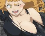  black_clover black_shirt blush breasts edward28elric embarrassed green_eyes highres large_breasts mimosa_vermillion nipple_slip nipples open_clothes orange_hair shirt torn_clothes 