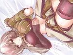  1girl bangs bed_sheet black_gloves black_thighhighs blush breasts brown_hair commentary_request cowboy_shot dated fingerless_gloves gloves grey_jumpsuit hair_between_eyes jumpsuit jumpsuit_around_waist large_breasts long_hair looking_at_viewer mechanic_(ragnarok_online) midriff navel open_mouth ponytail purple_eyes ragnarok_masters ragnarok_online solo thighhighs tomo-graphy upside-down vambraces 