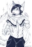  2022 5_fingers ambiguous_gender anthro black_and_white bottomwear canid canine clothed clothing earmuffs fingers fox fur fur_trim_(clothing) grin hair humanoid_hands jacket mammal monochrome pants signature sketch smile snowsnow11 solo teeth topwear 