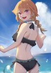  1girl :d alternate_costume ass back bikini black_bikini blue_sky blurry blurry_foreground blush braid breasts choker cloud cloudy_sky commentary cowboy_shot day frilled_bikini frills from_behind green_choker green_hair hair_between_eyes highres hololive hololive_english long_hair looking_at_viewer looking_back medium_breasts multicolored_hair ocean open_mouth orange_hair outdoors purple_eyes side-tie_bikini_bottom sky smile solo standing sunlight swimsuit takanashi_kiara twin_braids twintails two-tone_hair virtual_youtuber wading water_drop ybpac18 
