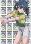  1girl bandaged_arm bandages bangs blue_hair character_name closed_mouth collared_shirt commentary english_commentary green_shirt hair_between_eyes hair_ornament highres interlocked_fingers jourd4n looking_at_viewer original outstretched_arms red_eyes shirt short_shorts short_sleeves shorts skull_hair_ornament solo twintails white_shorts 