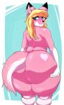  absurd_res anthro big_butt blonde_hair blue_eyes butt canid canine canis dragon dumbseafood female fur hair hi_res huge_butt hybrid mammal pink_body pink_fur roketchu slightly_chubby solo wolf 