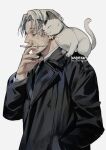  1boy animal_on_shoulder artist_name bell black_coat black_necktie cat cat_on_shoulder chainsaw_man cigarette closed_eyes coat collar collared_shirt earrings empty_eyes grey_hair holding holding_cigarette jewelry kadeart kishibe_(chainsaw_man) long_coat looking_to_the_side male_focus meowy_(chainsaw_man) neck_bell necktie scar scar_on_cheek scar_on_face shirt short_hair simple_background smoke smoking solo_focus stitched_face stitched_mouth stitches white_background white_cat white_shirt yellow_eyes 