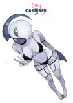  2022 absol anthro biped blue_body bra clothed clothing feliscede female fishnet fishnet_legwear frown generation_3_pokemon gesture hi_res legwear looking_at_viewer navel nintendo one_eye_obstructed pokemon pokemon_(species) red_eyes simple_background skimpy solo underwear v_sign video_games white_background white_body 