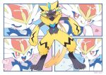  ambiguous_gender anthro blush bodily_fluids cinderace duo eyes_closed female_(lore) flirting flustered generation_7_pokemon generation_8_pokemon legendary_pokemon male_(lore) nintendo one_eye_closed pilz_moos pokemon pokemon_(species) tears video_games wink zeraora 