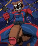  anthro belt clothing confusion cords crouching flaccid genitals guardians_of_the_galaxy hi_res lewd_latte male mammal marvel penis plug procyonid raccoon rocket_raccoon solo suit whiskers wire 