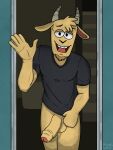  anthro bodily_fluids bottomless bovid caprine cartoon_network clothed clothing covering covering_self facial_hair goat goatee hi_res horn lewd_latte male mammal nervous nervous_smile regular_show shirt solo stairs sweat thomas_(regular_show) topwear 
