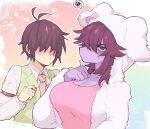  &lt;3 annoyed anthro big_breasts blush breasts clothed clothing costume deltarune duo female freckles fully_clothed hair hair_over_eyes human kris_(deltarune) looking_at_viewer male mammal necktie reptile scalie shirt smile sskomu_(artist) susie_(deltarune) topwear translucent translucent_hair undertale_(series) vest video_games 
